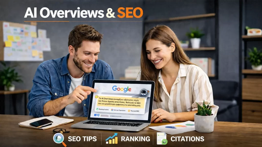 AI Overviews και SEO σε laptop με Google AI αποτελέσματα, επαγγελματίες. αναλύουν στρατηγικές βελτιστοποίησης για υψηλότερη κατάταξη και ορατότητα στην αναζήτηση.