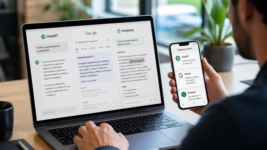 Άνδρας συγκρίνει σε laptop και κινητό τα αποτελέσματα AI Search από ChatGPT, Google και Perplexity σε σύγχρονο περιβάλλον εργασίας.