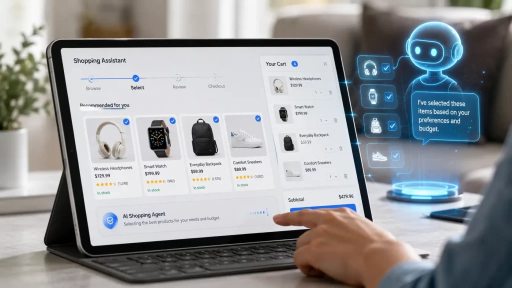 AI shopping agent δημιουργεί καλάθι αγορών σε e-shop, συγκρίνοντας προϊόντα, τιμές και διαθεσιμότητα για το Agentic Commerce.