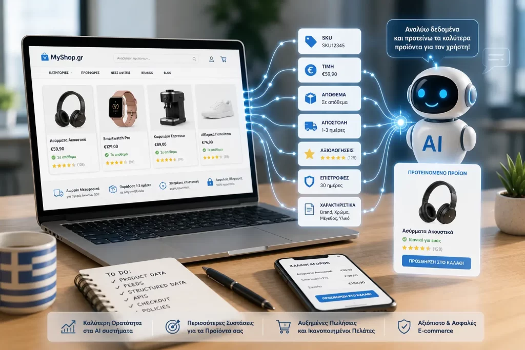 AI agent αναλύει product data ελληνικού e-shop για Agentic Commerce SEO και προτείνει προϊόντα στους χρήστες.