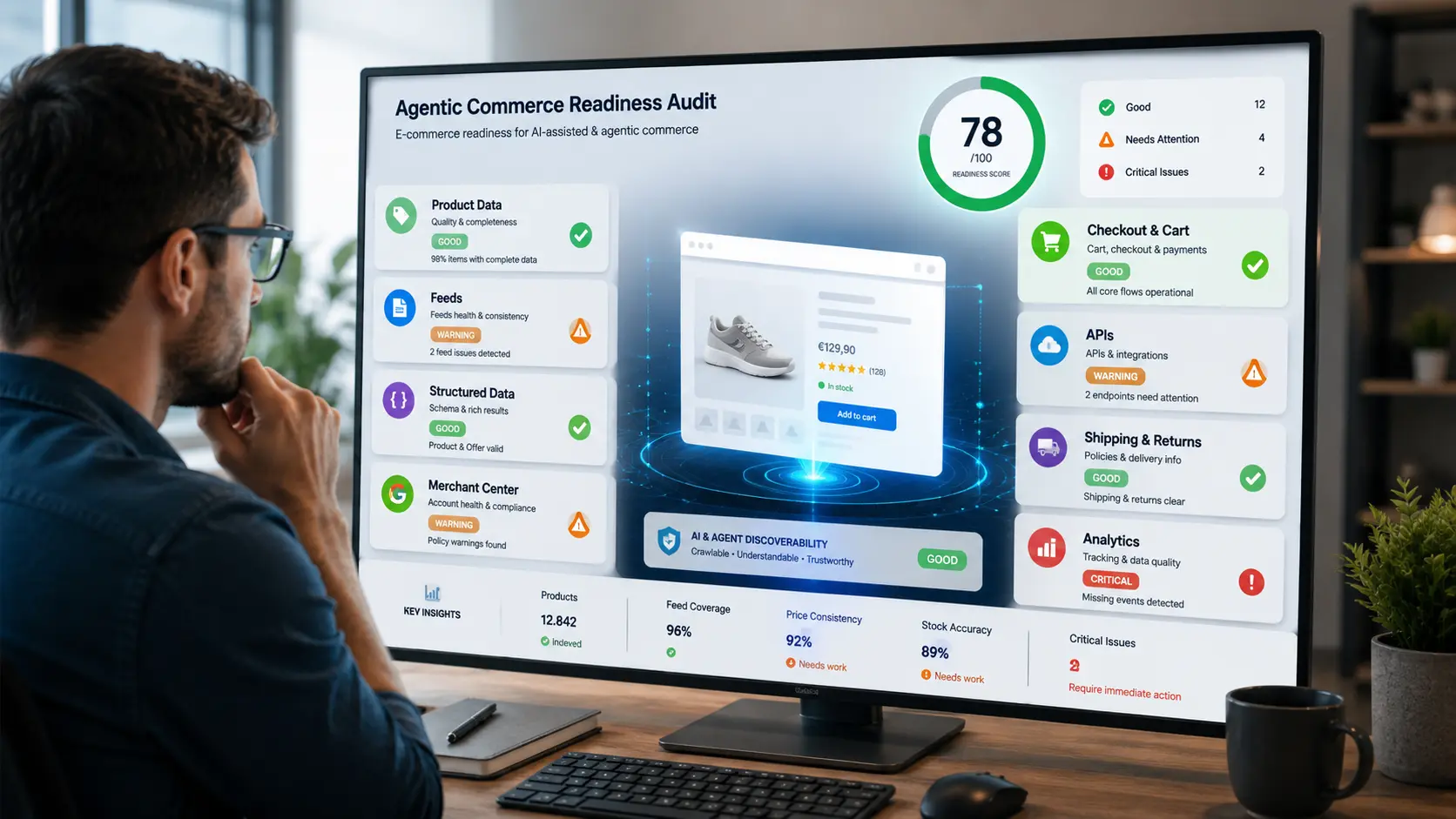 Agentic Commerce Readiness Audit για e-shop με dashboard ελέγχου product data, feeds, checkout, APIs και analytics.