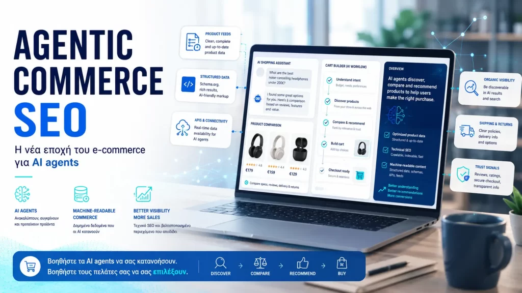 Agentic Commerce SEO για βελτιστοποίηση e-shop και προβολή προϊόντων σε AI agents.