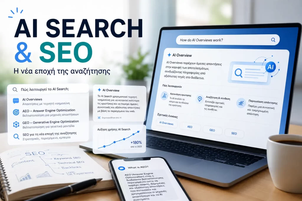 AI Search και SEO με AI Overviews, AEO και GEO σε οθόνη υπολογιστή.