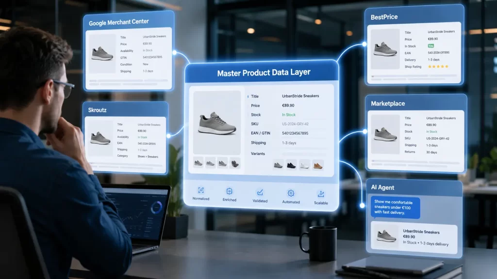 Οπτικοποίηση master product data layer που συνδέει τα product feeds ενός e-shop με Google Merchant Center, Skroutz, BestPrice και AI agents.