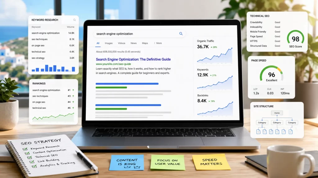 Search Engine Optimization με keyword research, technical SEO και ανάλυση οργανικής επισκεψιμότητας.