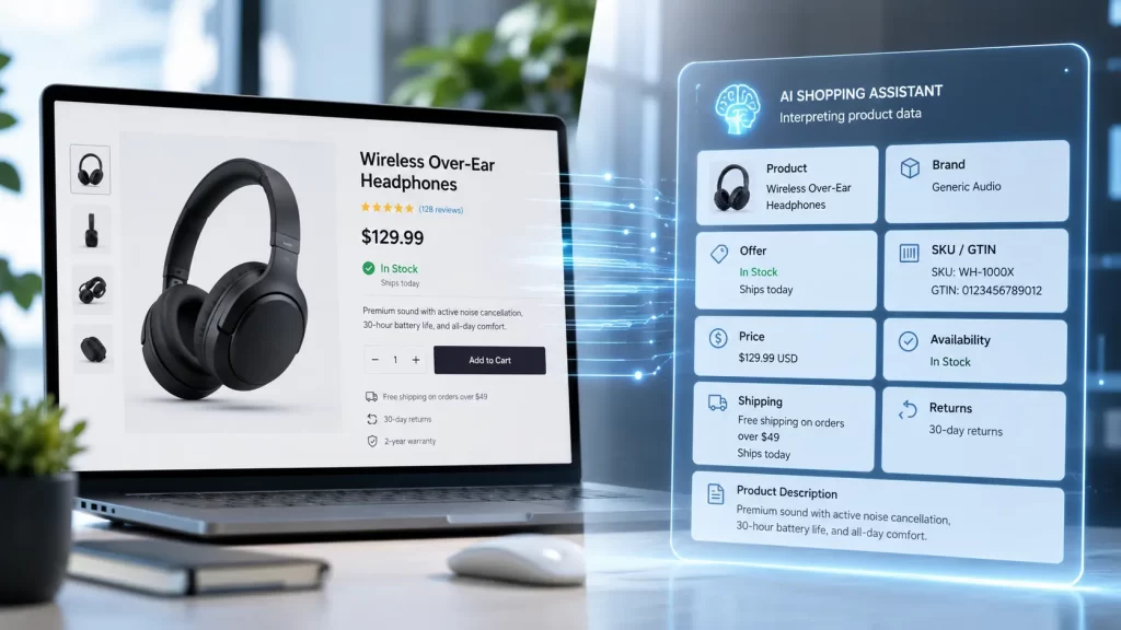 Σελίδα προϊόντος e-shop και AI shopping agent που αναλύει structured data για τιμή, διαθεσιμότητα, αποστολές και επιστροφές.