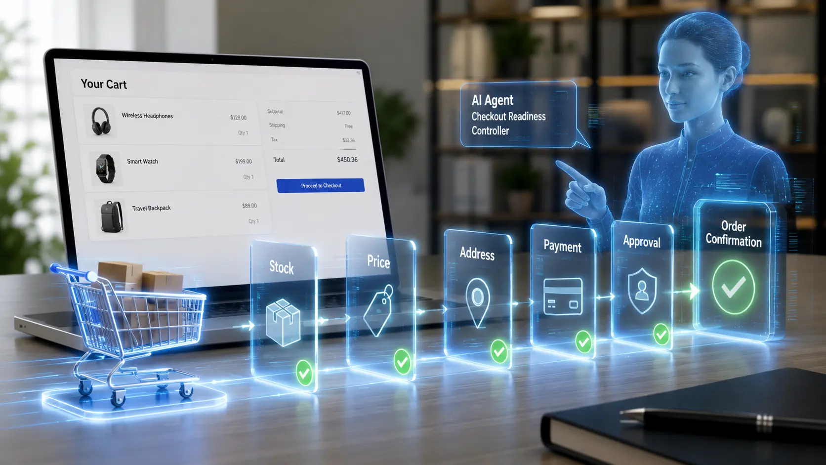 AI agent ελέγχει stock, τιμή, διεύθυνση, πληρωμή και επιβεβαίωση παραγγελίας σε agentic commerce checkout.