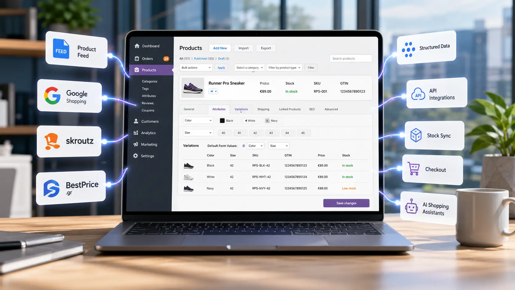 Διαχειριστικό WooCommerce e-shop με product data, variations, stock, feeds, structured data, marketplaces και AI shopping systems.