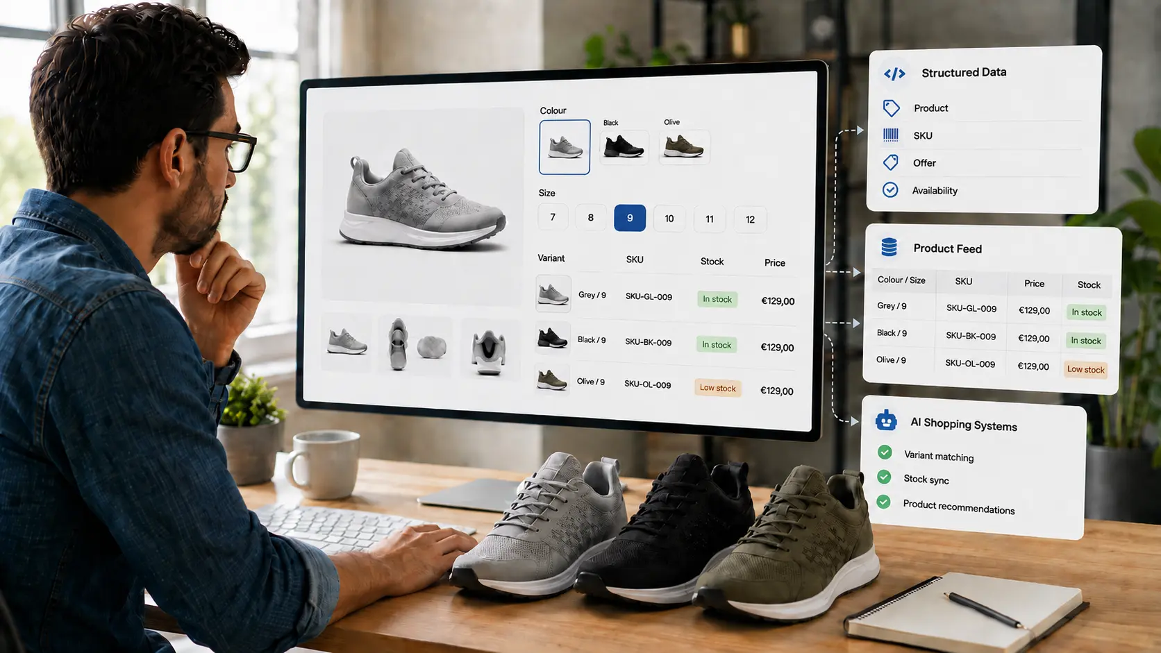 E-commerce manager ελέγχει product variants παπουτσιών με SKU, stock, product feed και structured data.